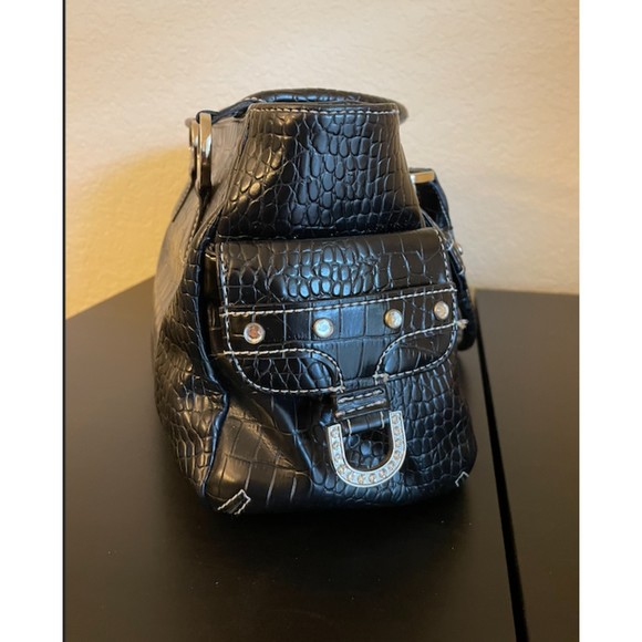 Valerie Stevens Bling Rhinestone Faux Croc Embossed Black Satchel Bag - Picture 2 of 13